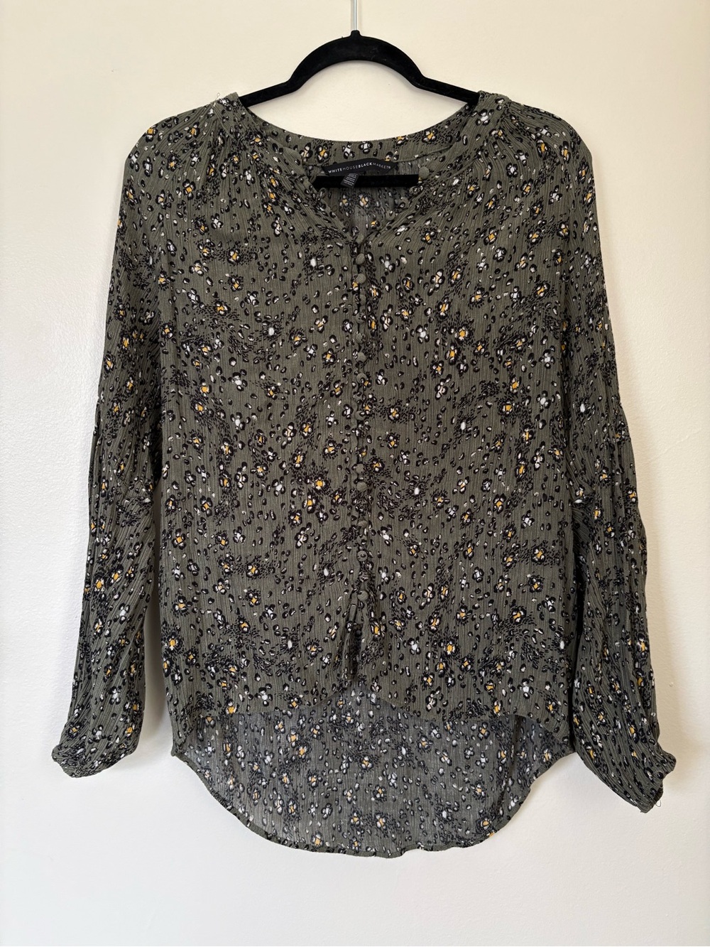 WHBM Olive Green Floral Gauzy Long-Sleeve Blouse Size XS Gathered Flowy